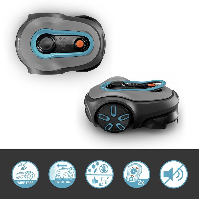 Zwei Ansichten eines Mähroboters