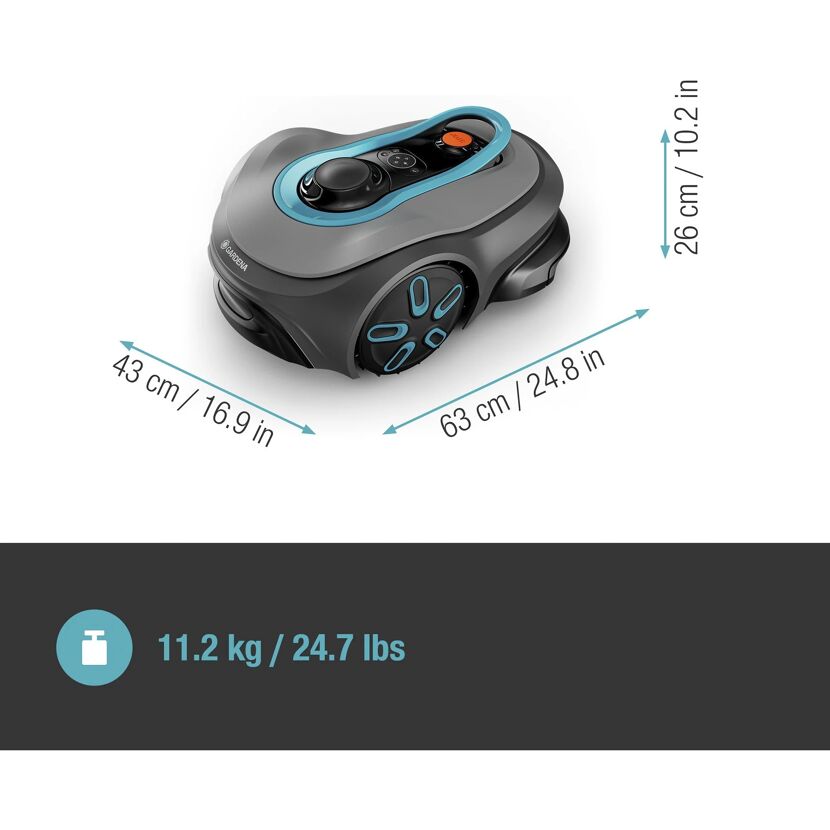 Grauer Mähroboter mit Maßen