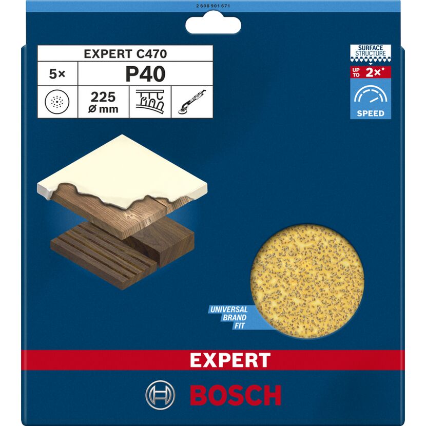 Fünf Bosch Schleifblätter P40 mit Schleifmaschine