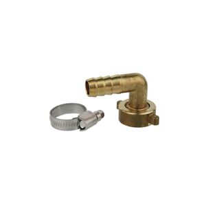 Halbe Winkel-Schlauchverschraubung Messing blank 3/4" M x 1/2" T, mit Schlauchklemme