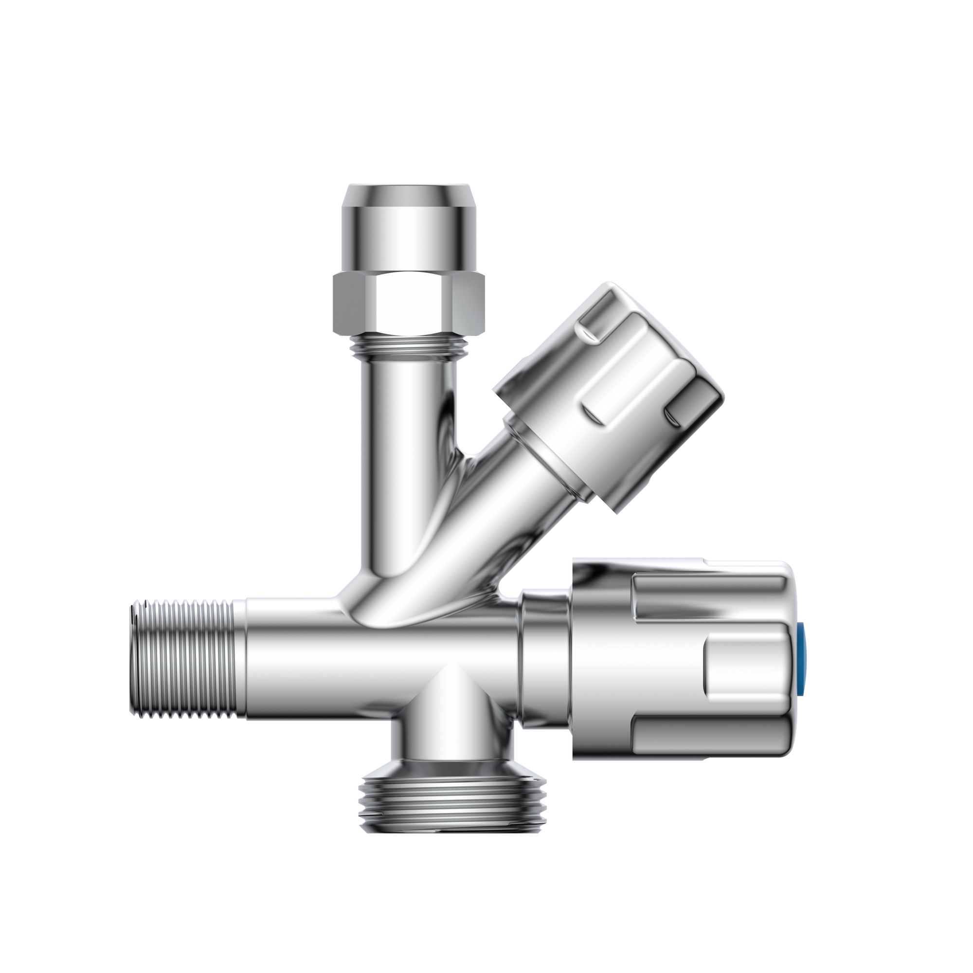 Eckventil Messing verchromt 3/8" AG x 3/4" AG x 3/8" AG x 10 mm, mit Rückflussverhinderer