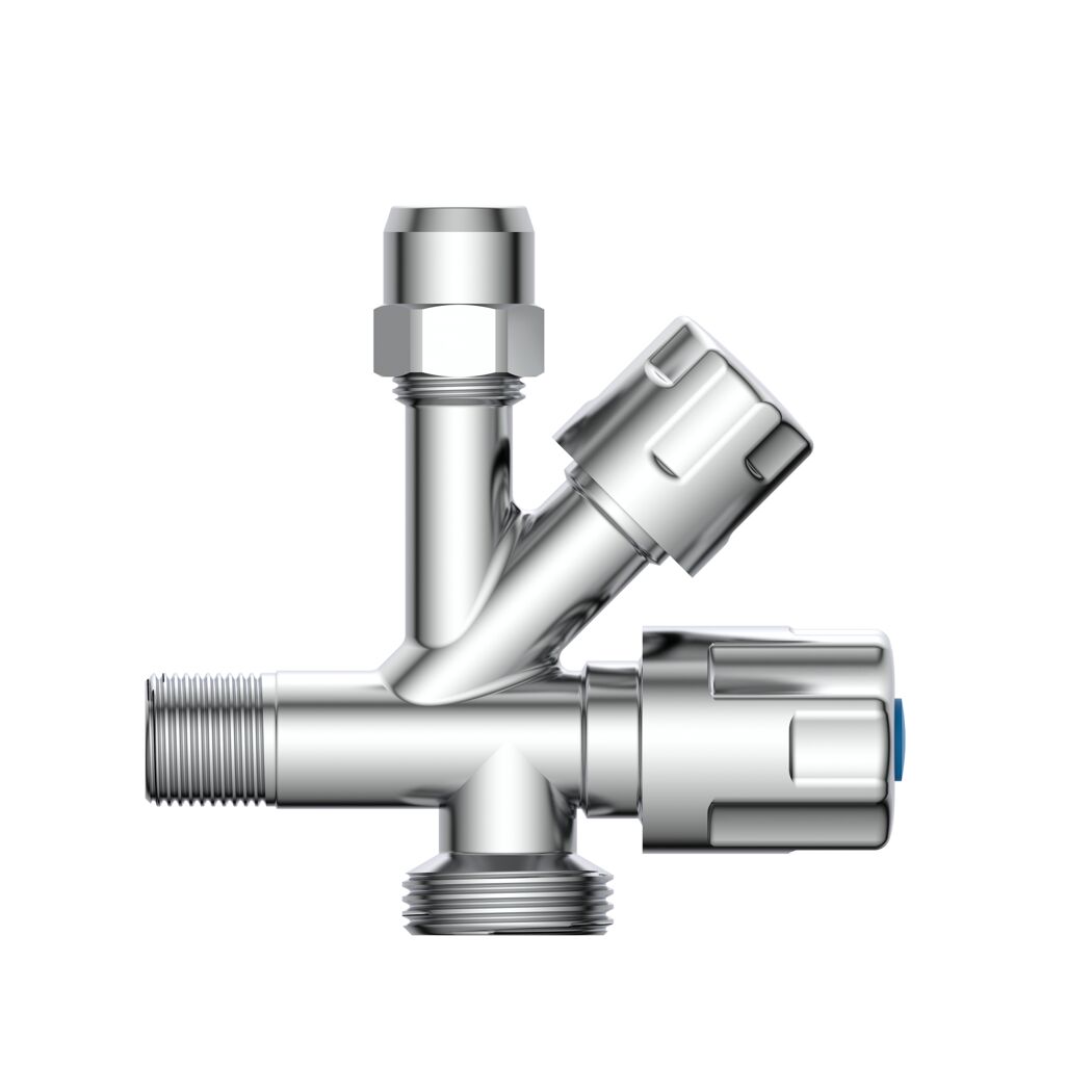 Eckventil Messing verchromt 3/8" AG x 3/4" AG x 3/8" AG x 10 mm, mit Rückflussverhinderer