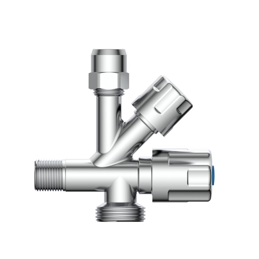 Eckventil Messing verchromt 3/8" AG x 3/4" AG x 3/8" AG x 10 mm, mit Rückflussverhinderer