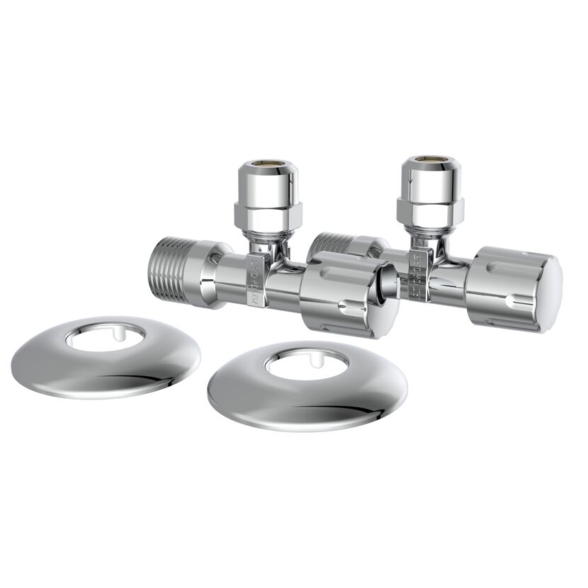 Eckventil verchromt 1/2" AG x 3/8" AG x 10 mm mit Schubrosette, 2 Stück