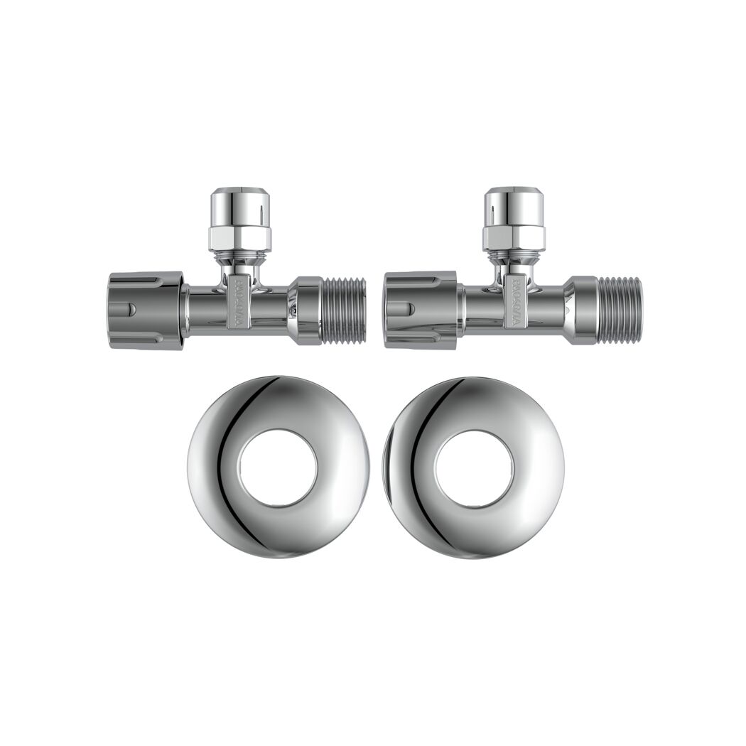 Eckventil verchromt 1/2" AG x 3/8" AG x 10 mm mit Schubrosette, 2 Stück