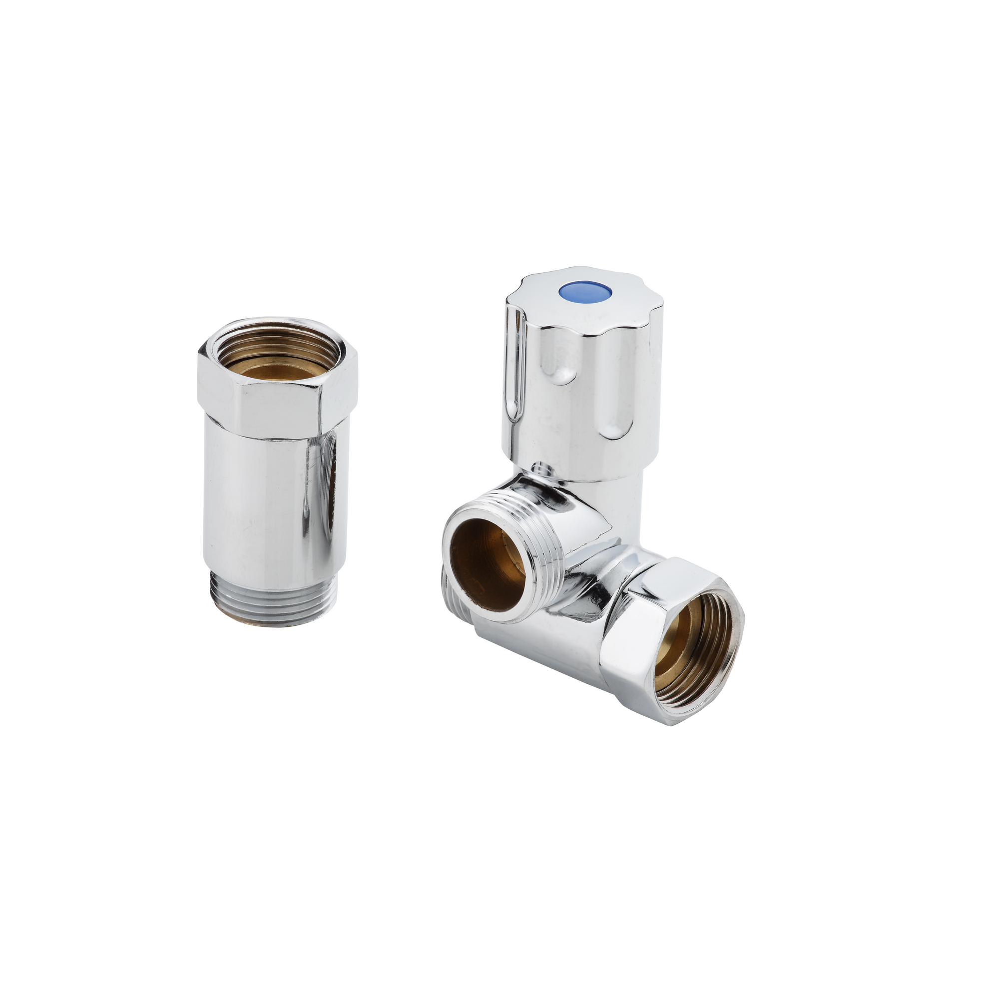 Geräte Eckventil rechts Messing verchromt 3/4", mit Ausgleich für Wandarmatur