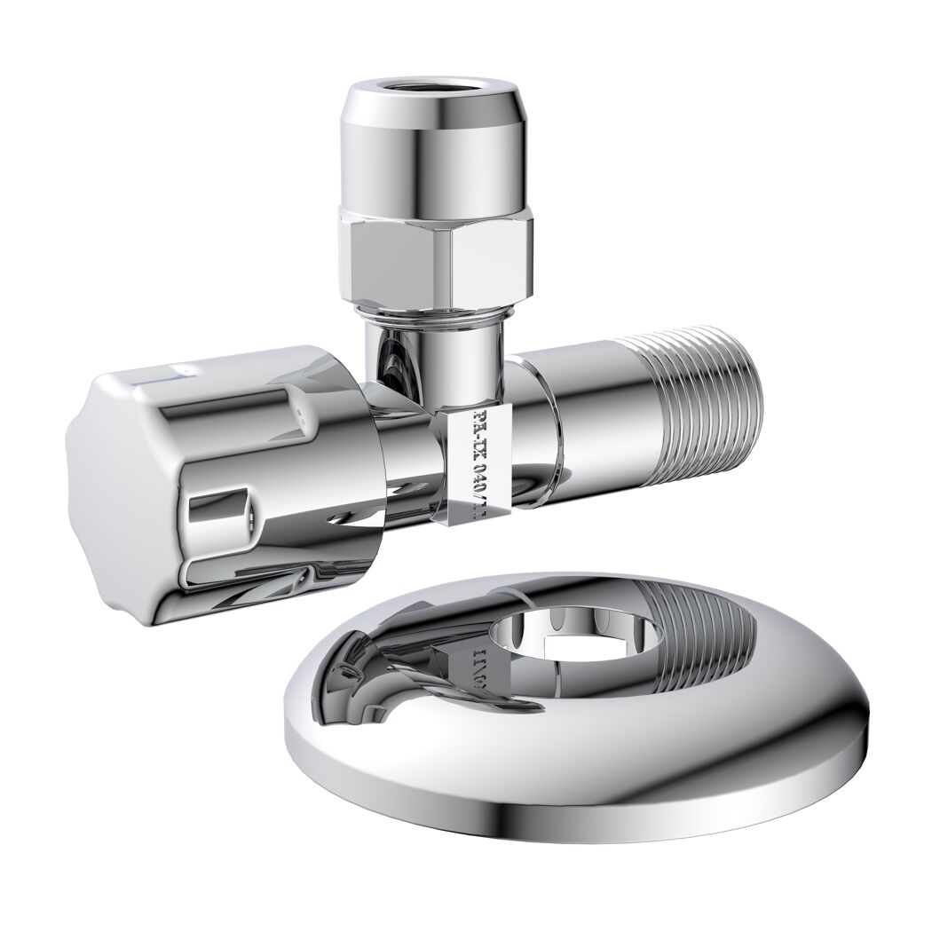 Eckventil Messing verchromt 3/8" AG x 3/8" AG x 10 mm, mit Schubrosette
