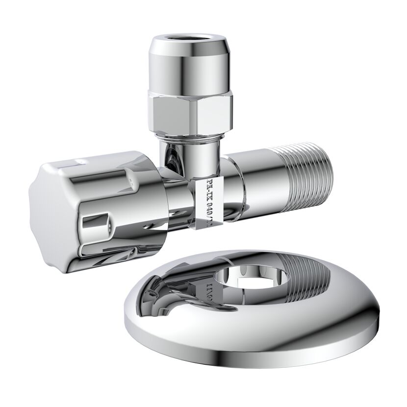 Eckventil Messing verchromt 3/8" AG x 3/8" AG x 10 mm, mit Schubrosette