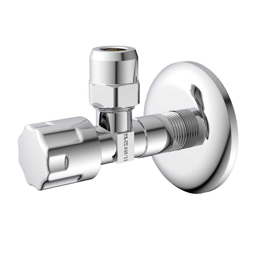 Eckventil Messing verchromt 3/8" AG x 3/8" AG x 10 mm, mit Schubrosette
