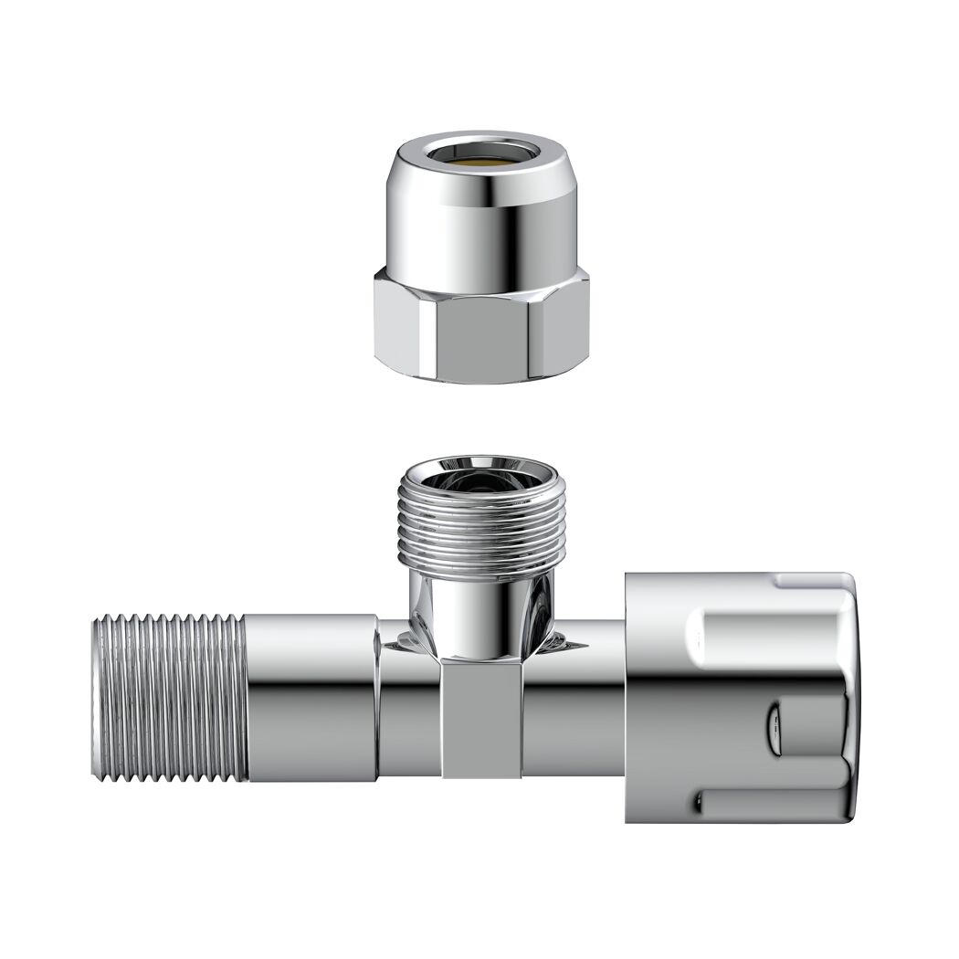 Eckventil Messing verchromt 3/8" AG x 3/8" AG x 10 mm, mit Schubrosette