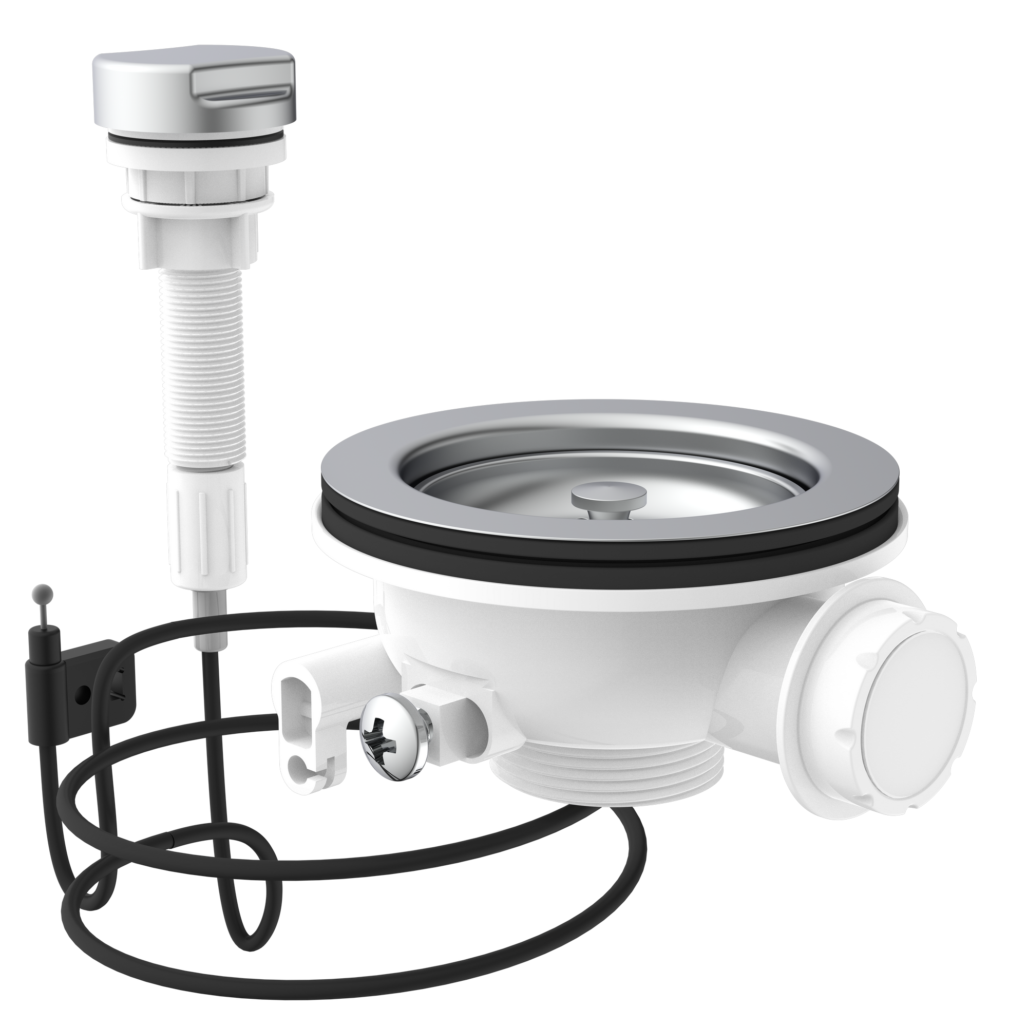 Korbventil 1 1/2" AG, Edelstahl-Ventilkelch, Sieb Ø 114 mm, mit 1" Überlaufanschluss und Bowdenzug