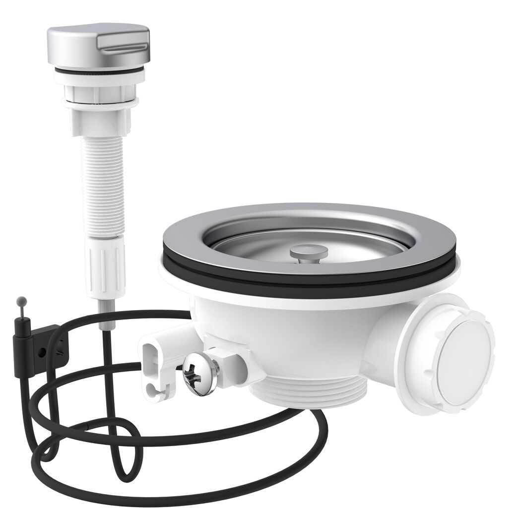 Korbventil 1 1/2" AG, Edelstahl-Ventilkelch, Sieb Ø 114 mm, mit 1" Überlaufanschluss und Bowdenzug