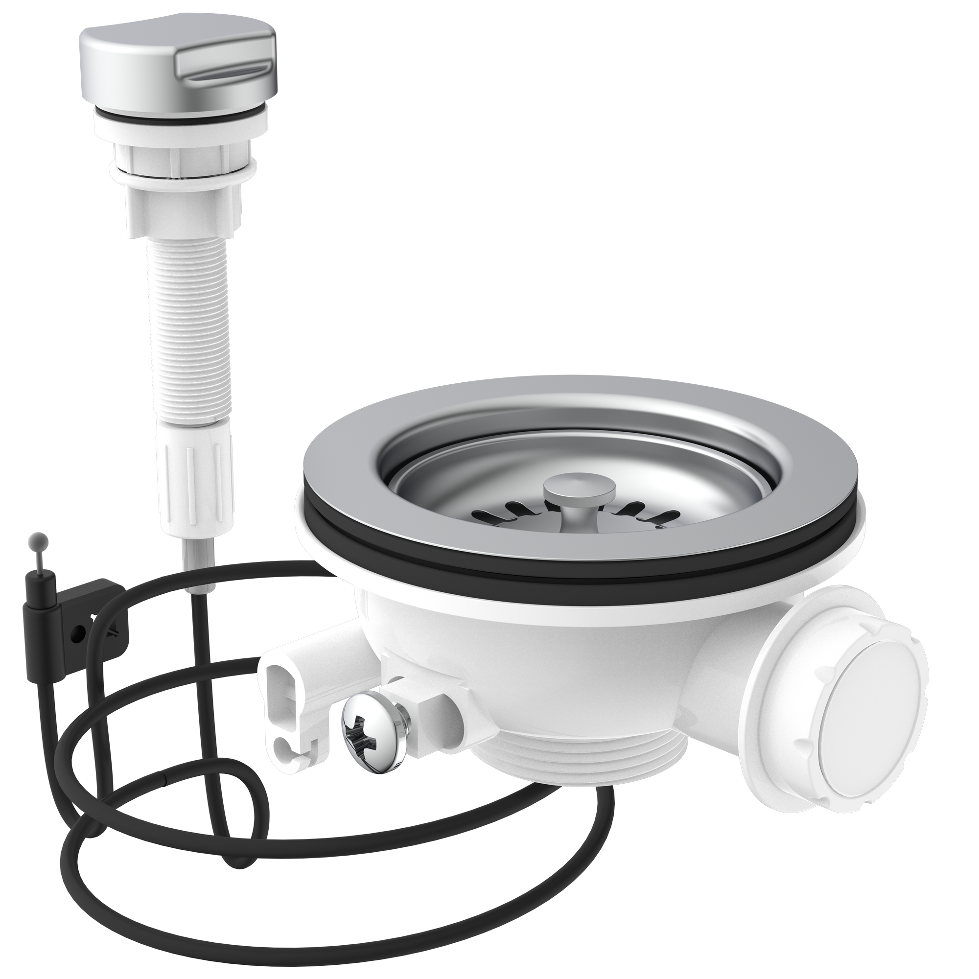Korbventil 1 1/2" AG, Edelstahl-Ventilkelch, Sieb Ø 114 mm, mit 1" Überlaufanschluss und Bowdenzug