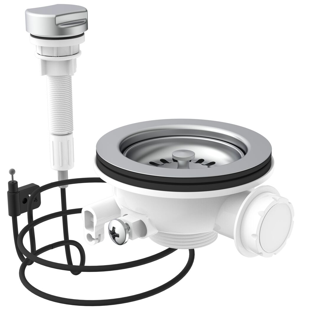 Korbventil 1 1/2" AG, Edelstahl-Ventilkelch, Sieb Ø 114 mm, mit 1" Überlaufanschluss und Bowdenzug