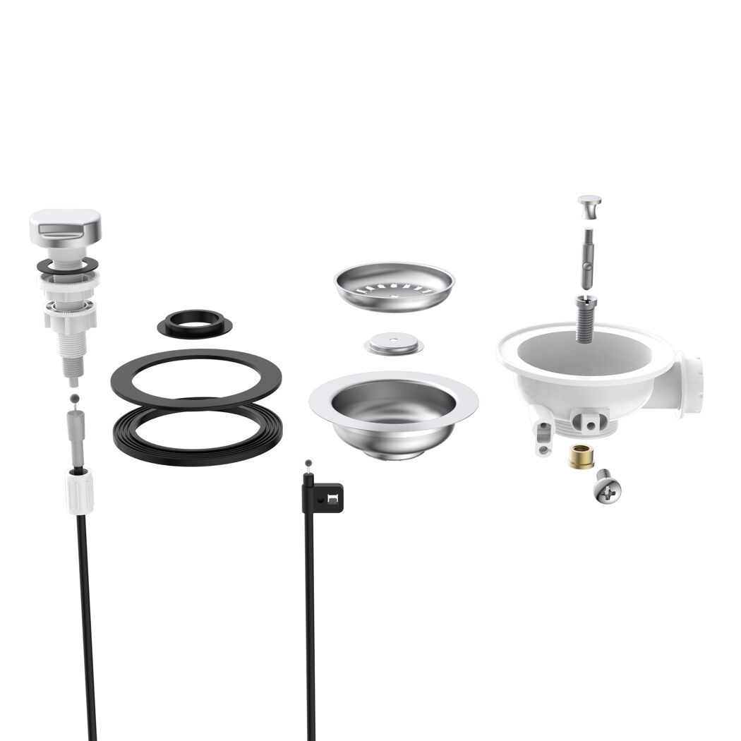 Korbventil 1 1/2" AG, Edelstahl-Ventilkelch, Sieb Ø 114 mm, mit 1" Überlaufanschluss und Bowdenzug
