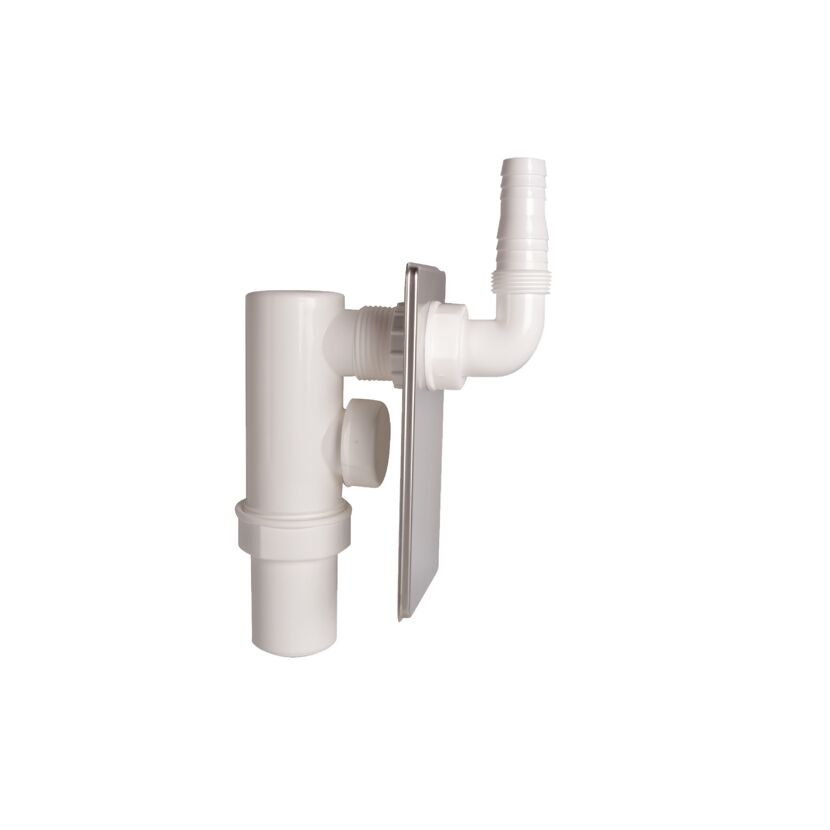 Unterputz-Waschgeräte-Siphon weiß DN 40 mm Edelstahl Abdeckung, mit 3/4" Geräteanschluss