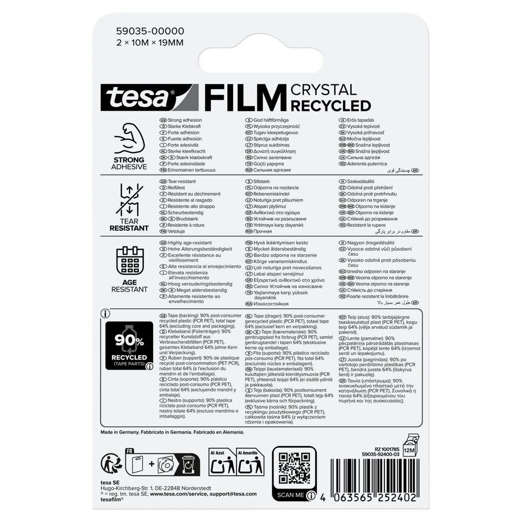Tesafilm 'Crystal Recycled' transparent 2 x 10 m x 1,9 cm