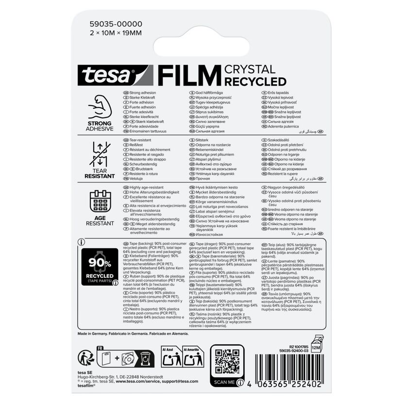 Tesafilm 'Crystal Recycled' transparent 2 x 10 m x 1,9 cm