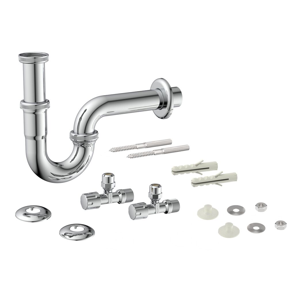 Waschtisch-Röhrensiphon-Set Messing verchromt 1 1/4" x 32 mm, mit Befestigung und 2 x Eckventil