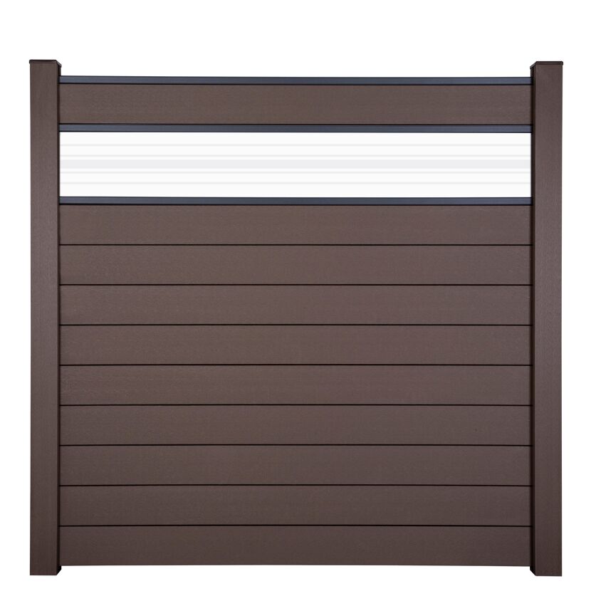 Steckzaun 'Solid' BPC Erdbraun mit 30 cm Glaseinsatz 180 x 180 cm