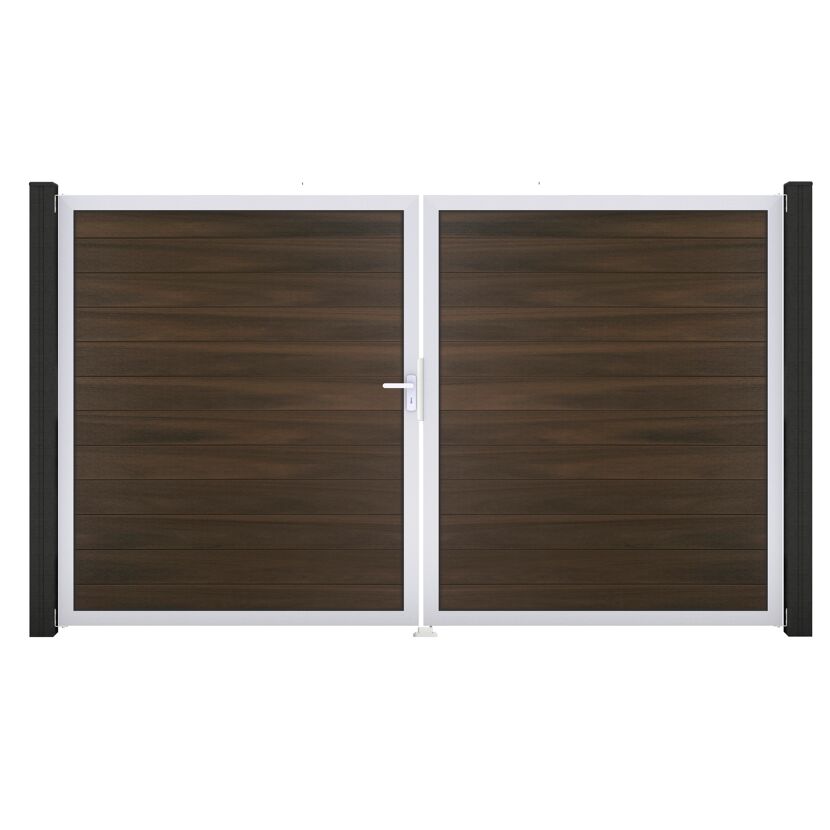 Doppeltor 'Solid' BPC/Aluminium DIN links walnussfarben/silber 300 x 180 cm