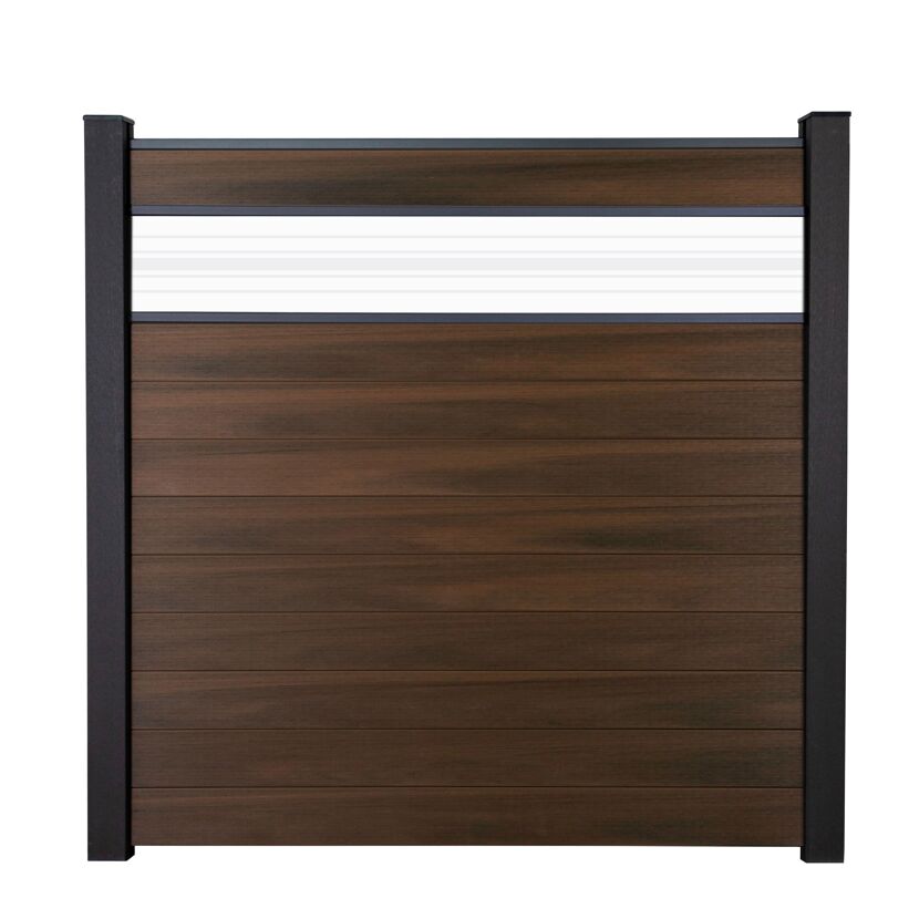 Steckzaun 'Solid' BPC mit 30 cm Glaseinsatz Walnussfarben 180 x 180 cm