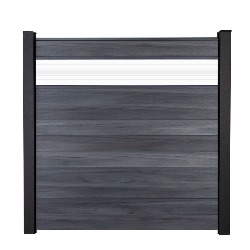 Steckzaun 'Solid' BPC mit 30 cm Glaseinsatz steingrau 180 x 180 cm