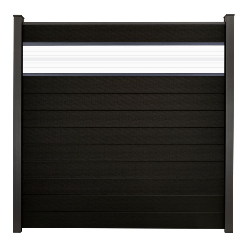 Steckzaun 'Solid' BPC mit 30 cm Glaseinsatz schwarz 180 x 180 cm