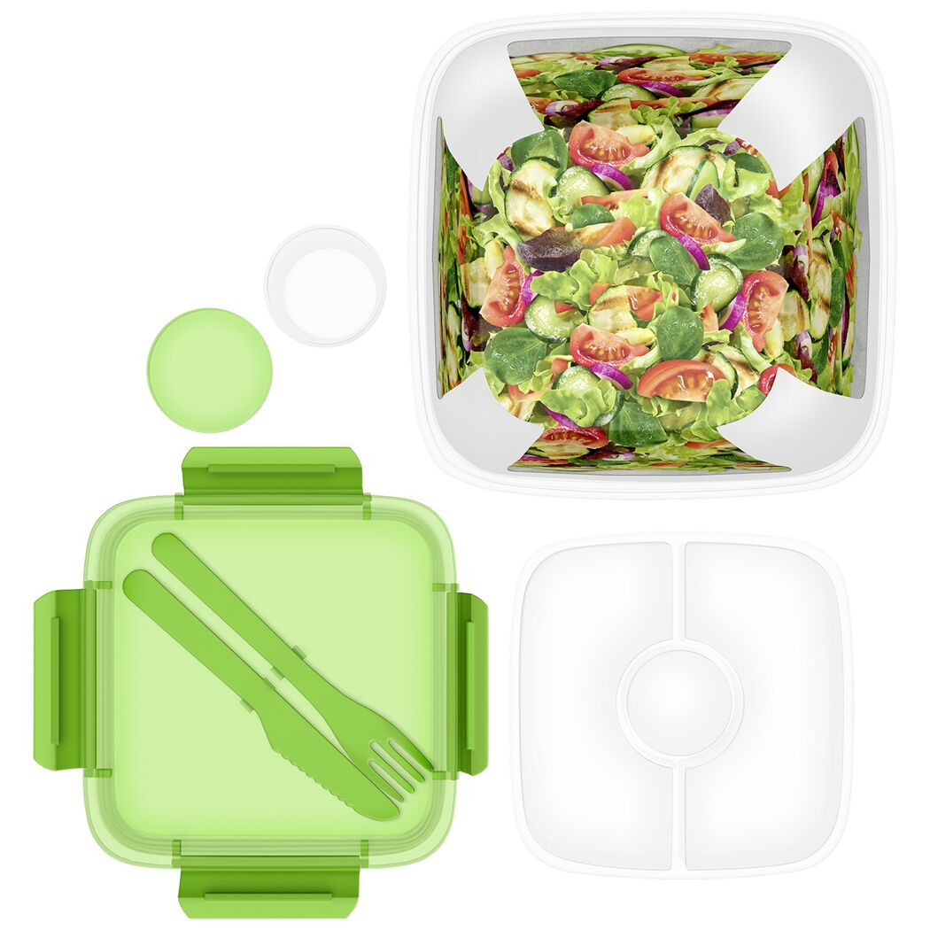 Frischhaltedose mit Salat, Gabel und Messer
