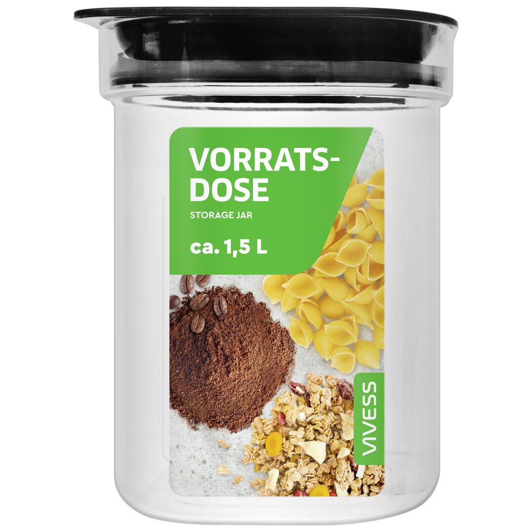 Vorratsdose mit Nudeln, Kaffeebohnen und Müsli