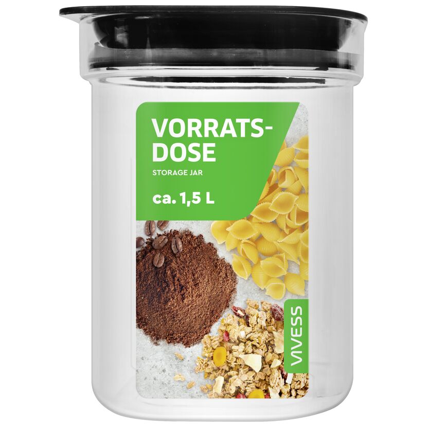 Vorratsdose mit Nudeln, Kaffeebohnen und Müsli