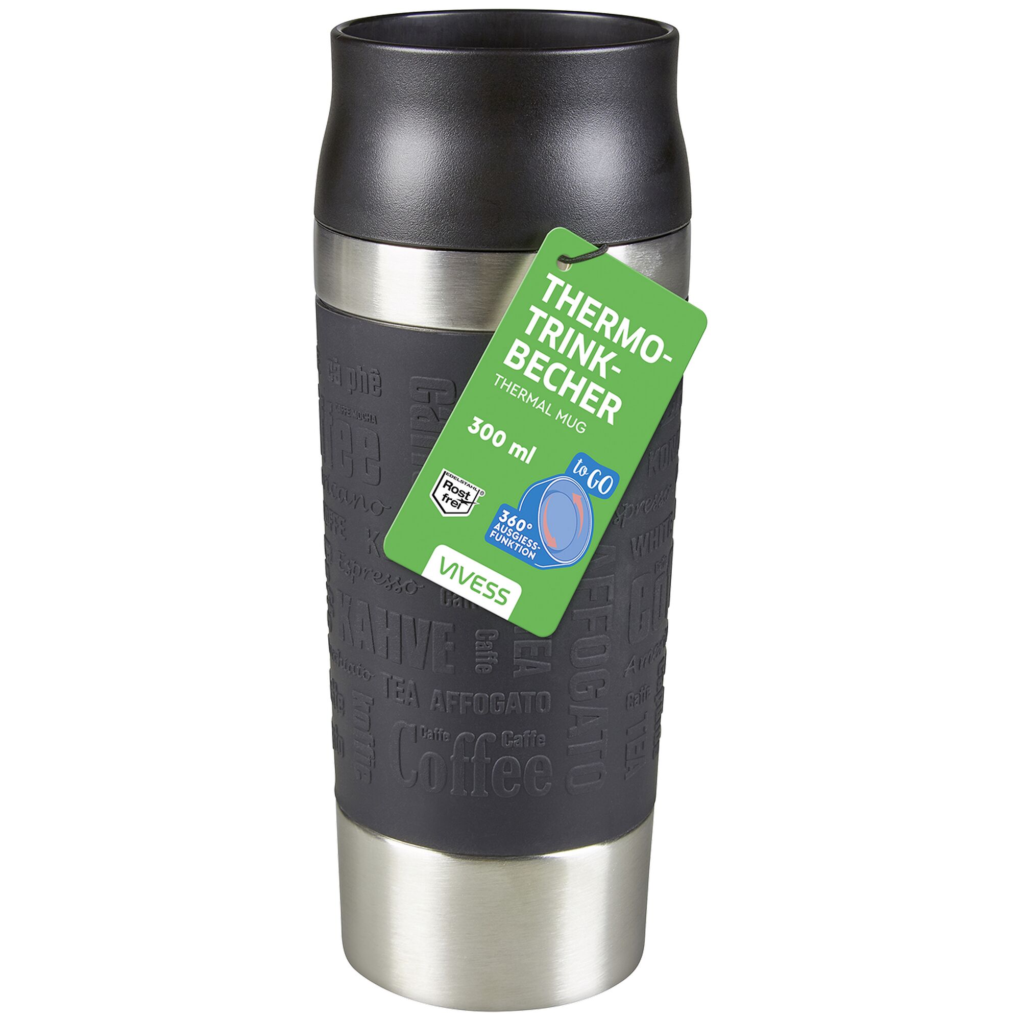 Schwarzer Thermobecher mit Aufschrift