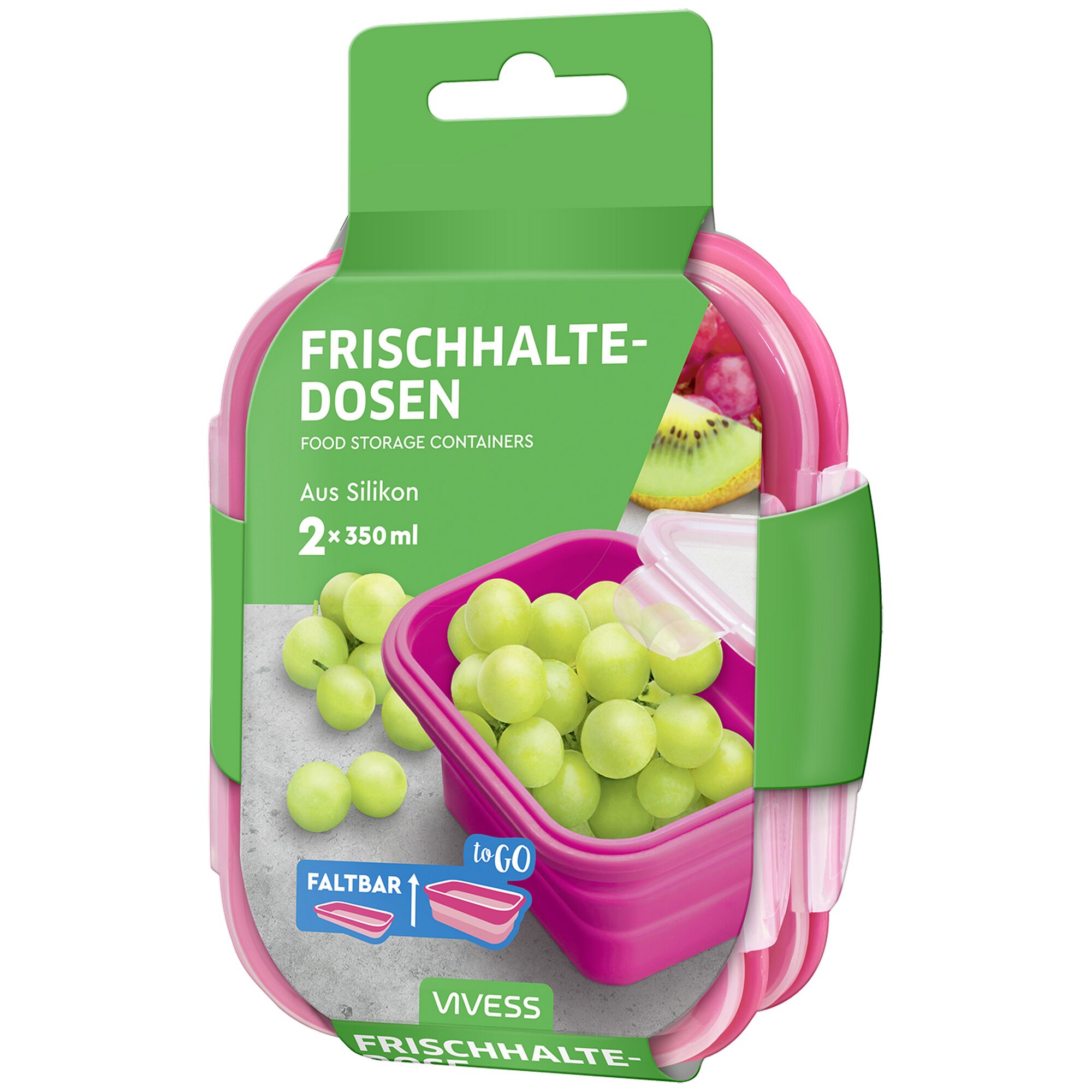 Zwei rosa Frischhaltedosen mit Weintrauben