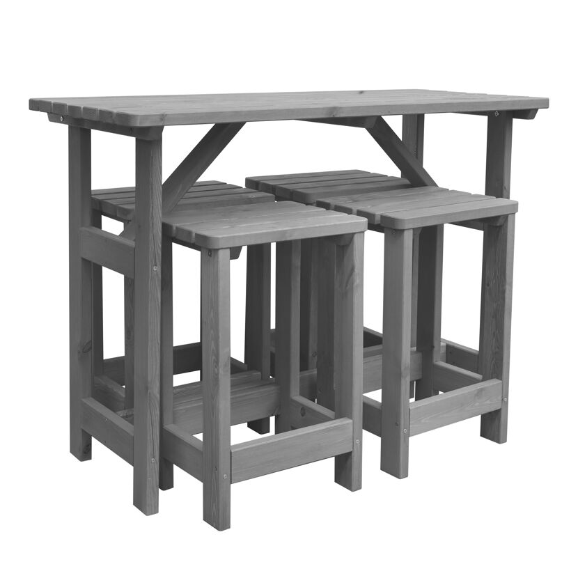 Holztisch mit vier Barhockern