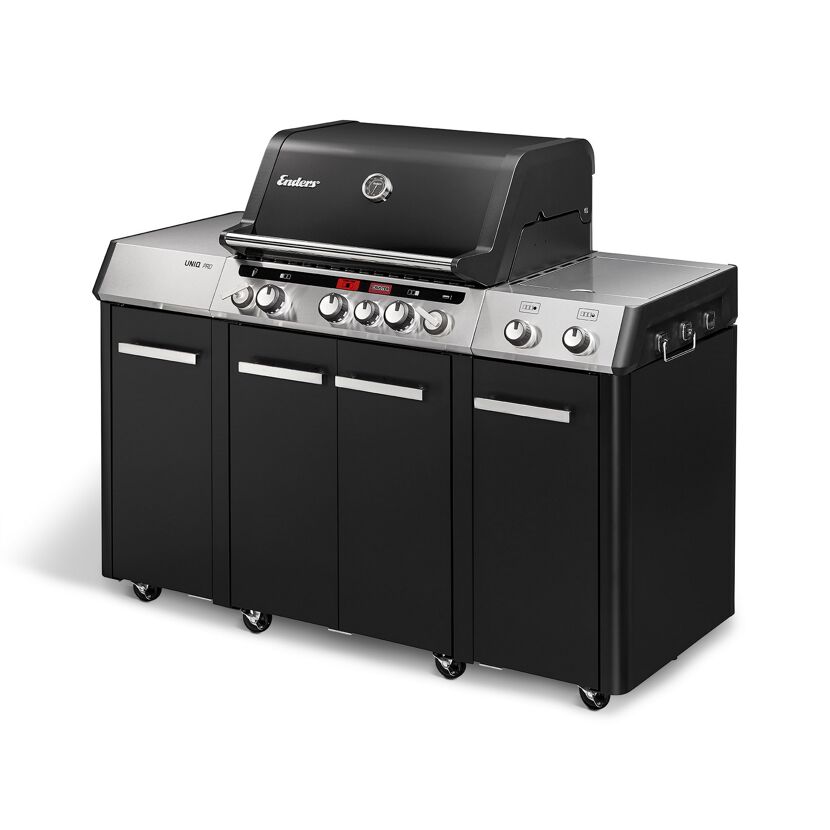 Schwarzer Gasgrill mit sechs Drehreglern