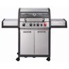 Großer Gasgrill mit fünf Brennern und Deckel.