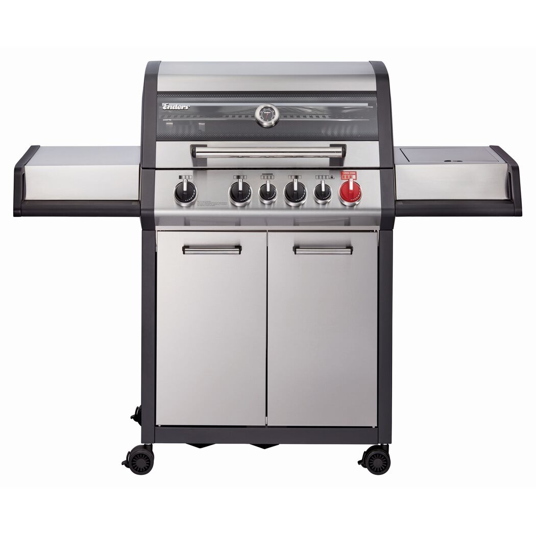 Großer Gasgrill mit fünf Brennern und Deckel.
