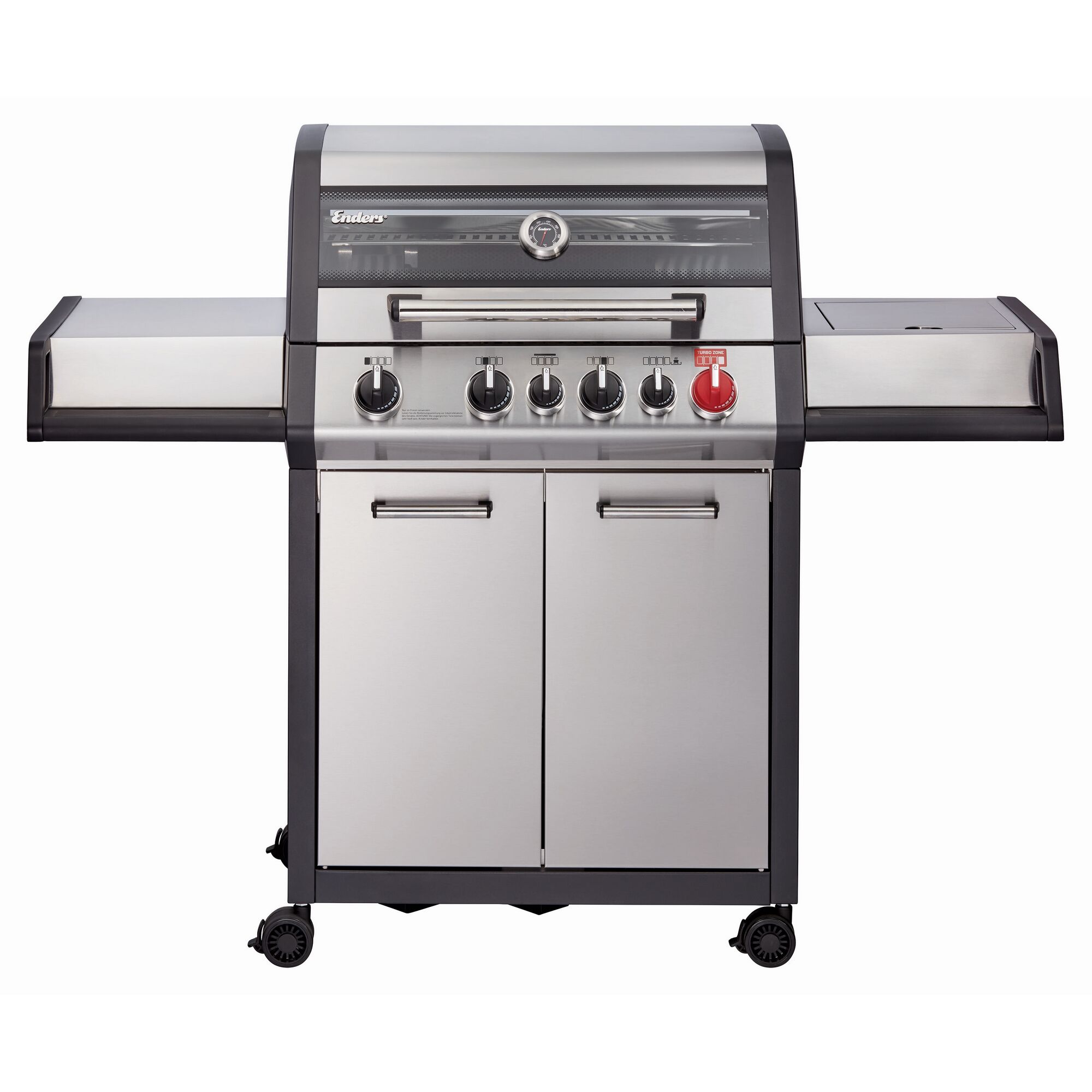 Großer Gasgrill mit fünf Brennern und Deckel.