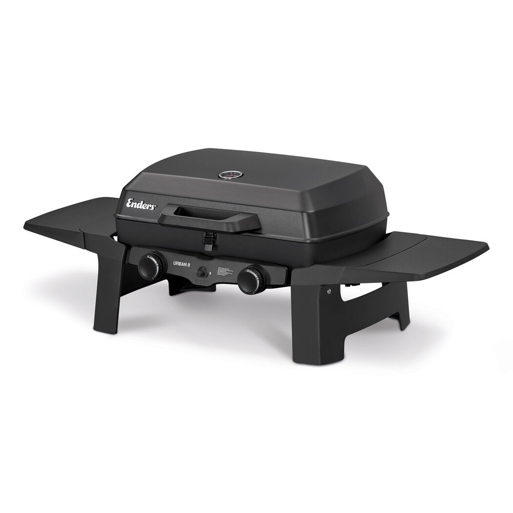 Schwarzer Gasgrill mit ausgeklappten Seitentischen