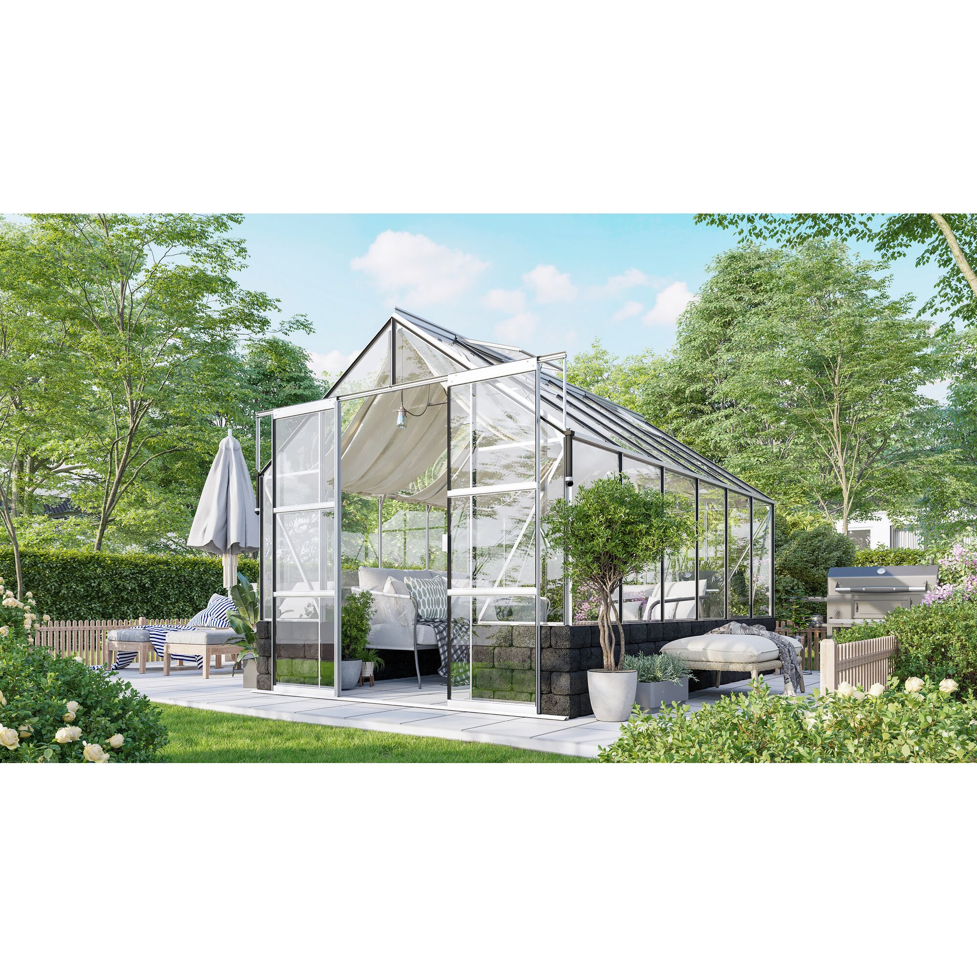 Gewächshaus mit Lounge-Bereich im Garten