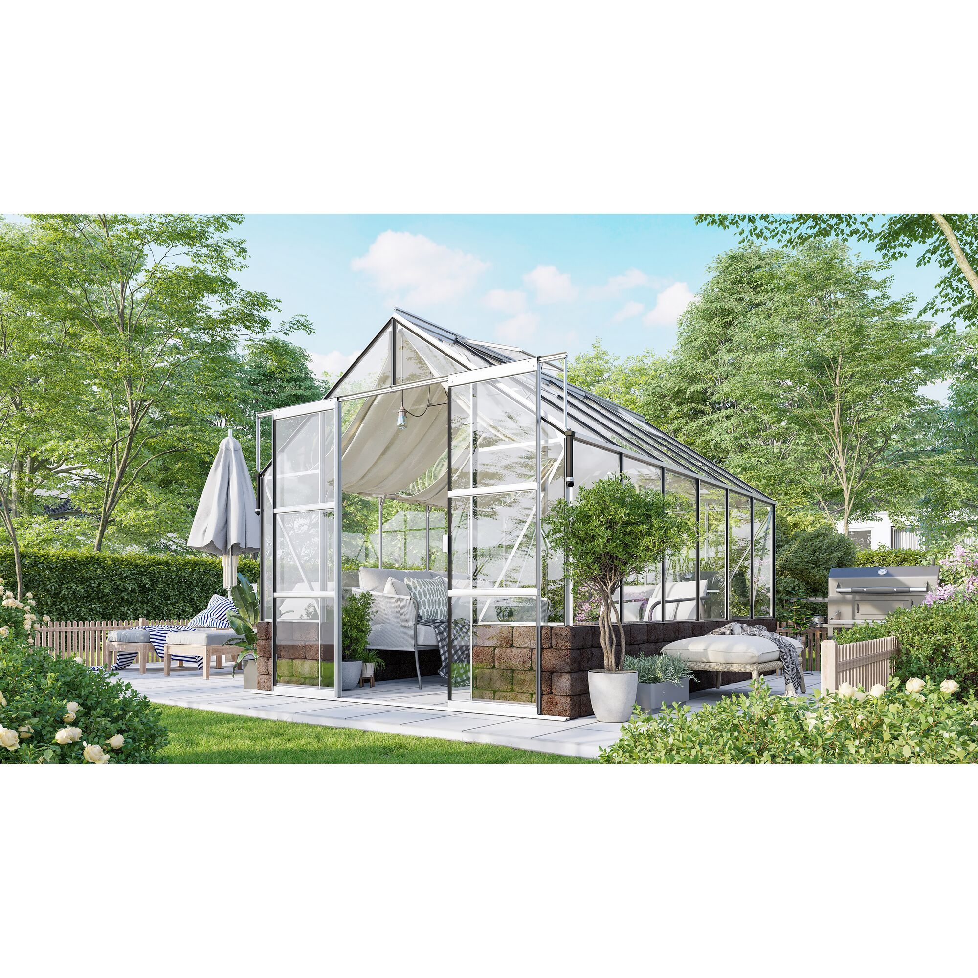 Gewächshaus mit Sitzecke im Garten