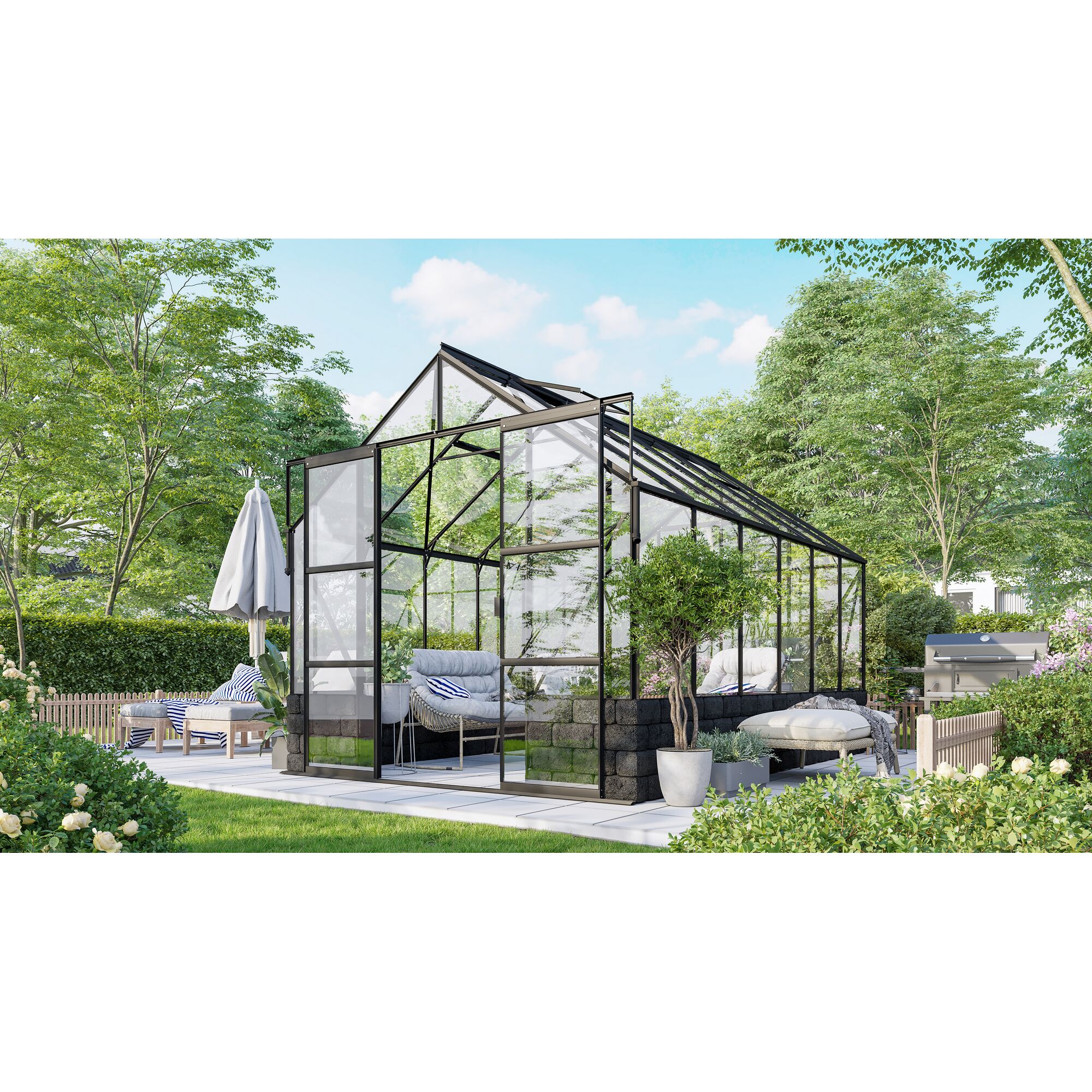 Gewächshaus mit Sitzecke im Garten