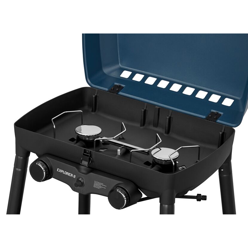 Geöffneter Gasgrill mit zwei Brennern