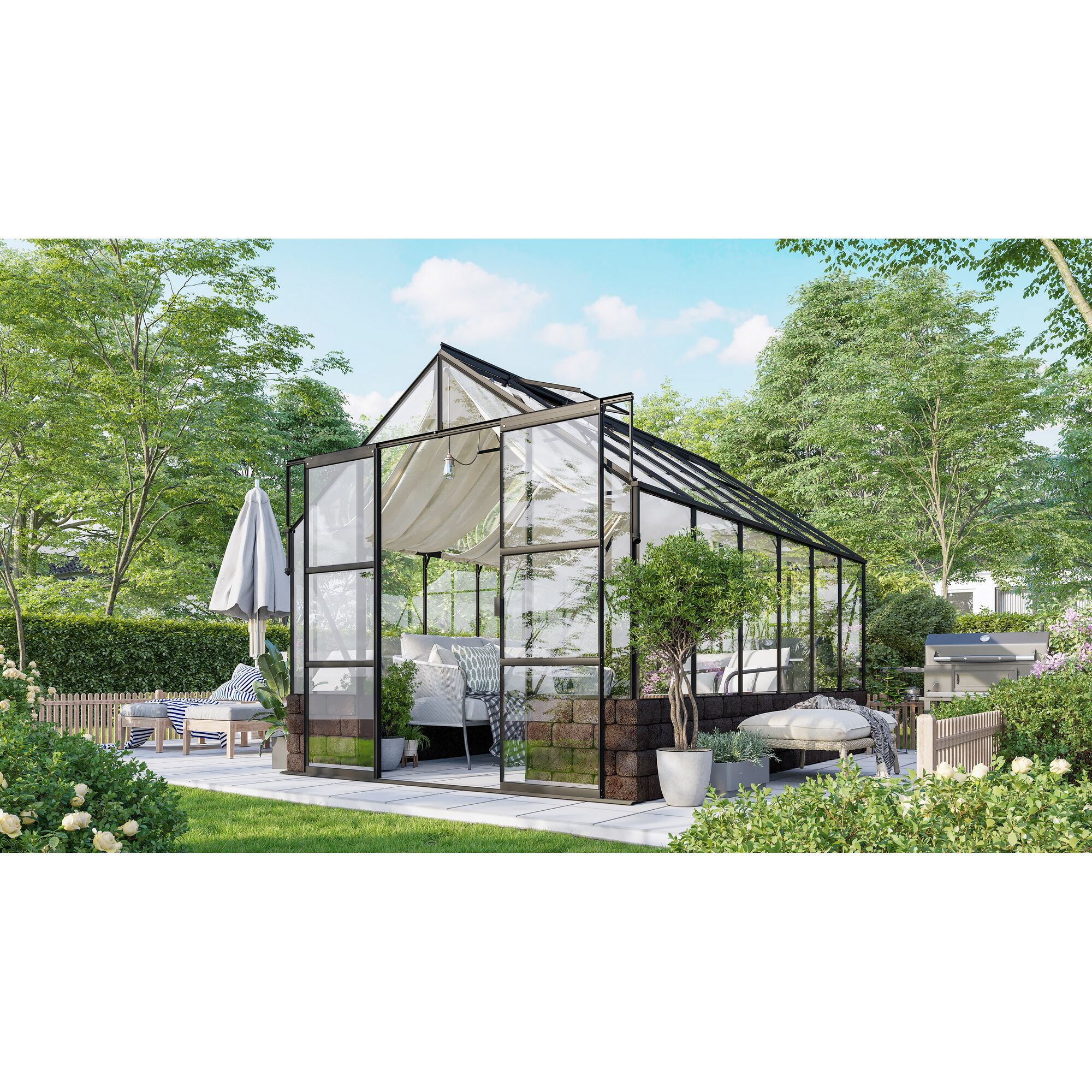 Gewächshaus mit Sitzecke im Garten