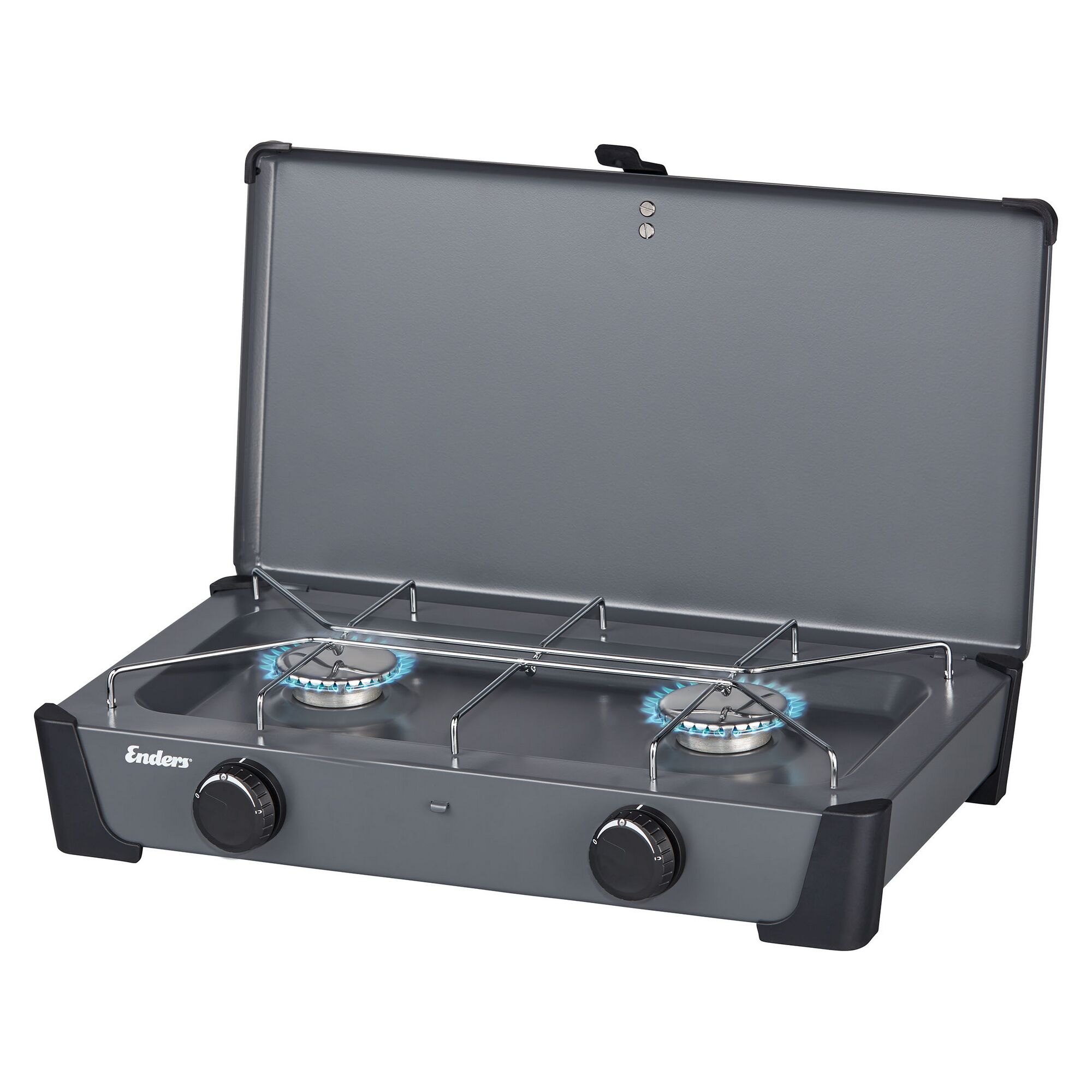 Grauer Campingkocher mit zwei Flammen