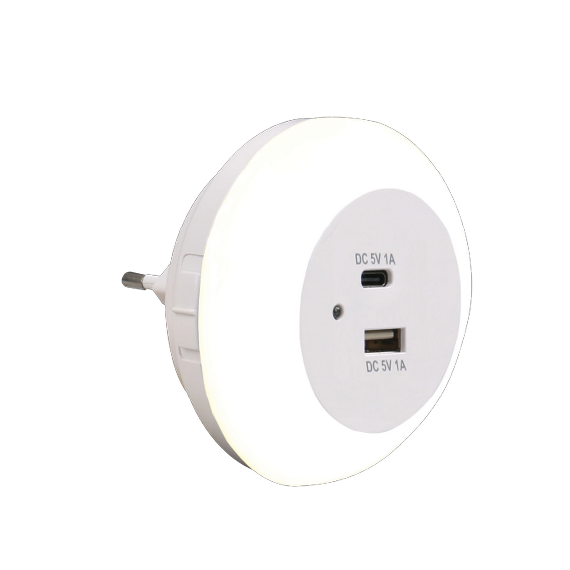 LED-Nachtlicht weiß Ø 8 cm USB A/C Ladeports, Lichtsensor