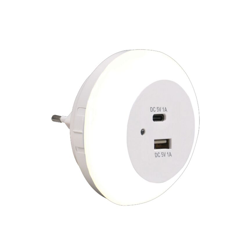 LED-Nachtlicht weiß Ø 8 cm USB A/C Ladeports, Lichtsensor