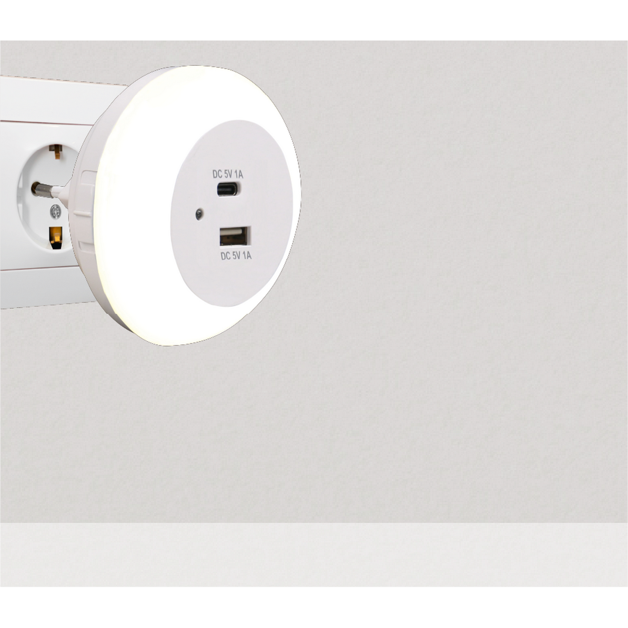 LED-Nachtlicht weiß Ø 8 cm USB A/C Ladeports, Lichtsensor