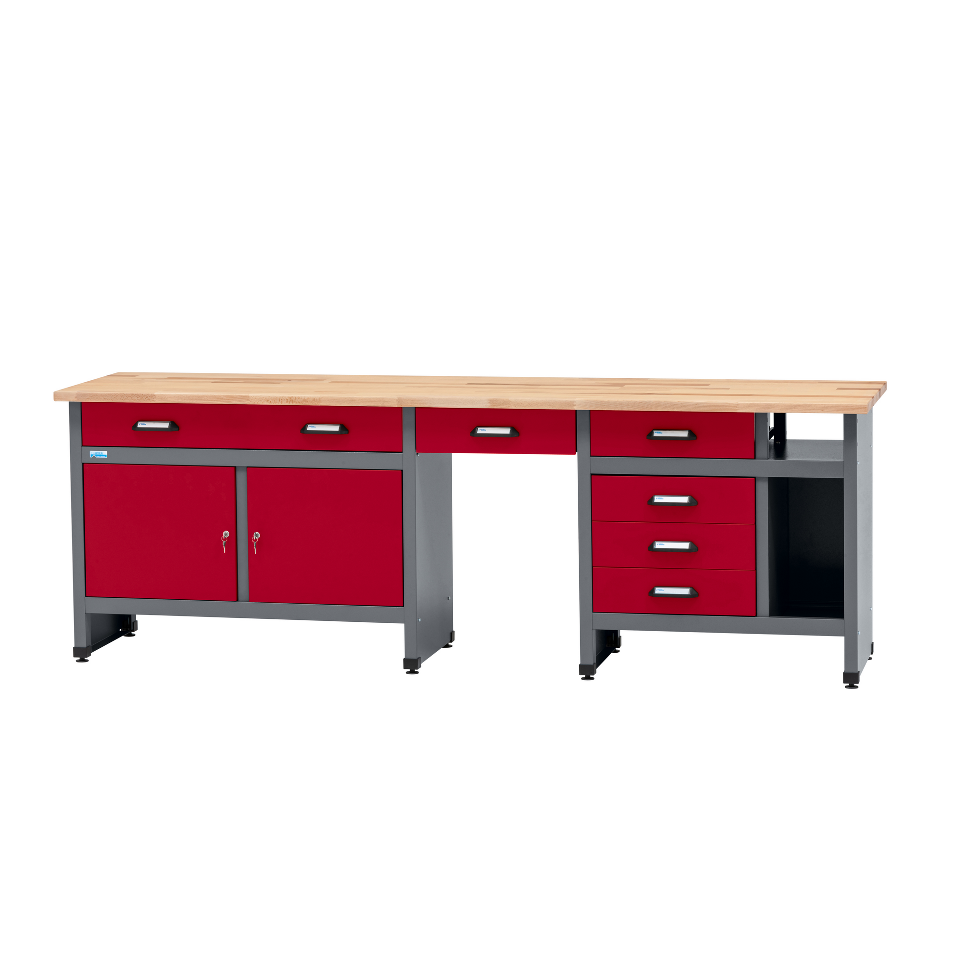 Werkbank mit 6 Schubladen 2 Türen und Sitzraum dunkelrot 240 x 84 x 60 cm