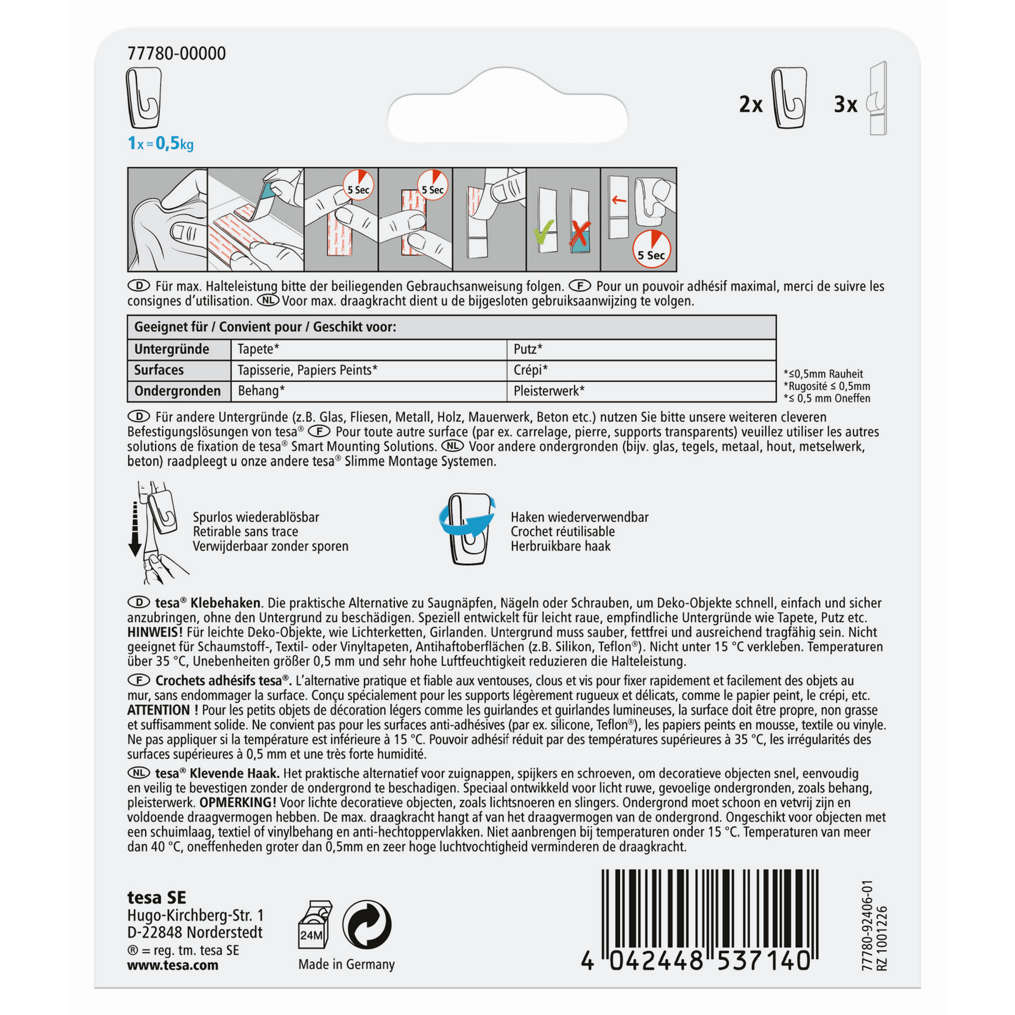 Klebehaken für Tapeten & Putz 0,5 kg 2 Stück